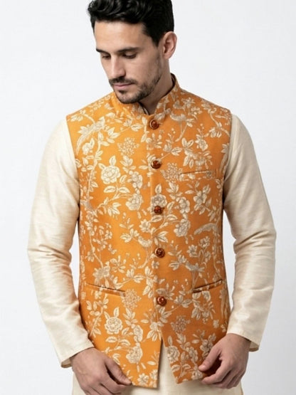 Men's Cotton Koti Jacket - Orange Floral