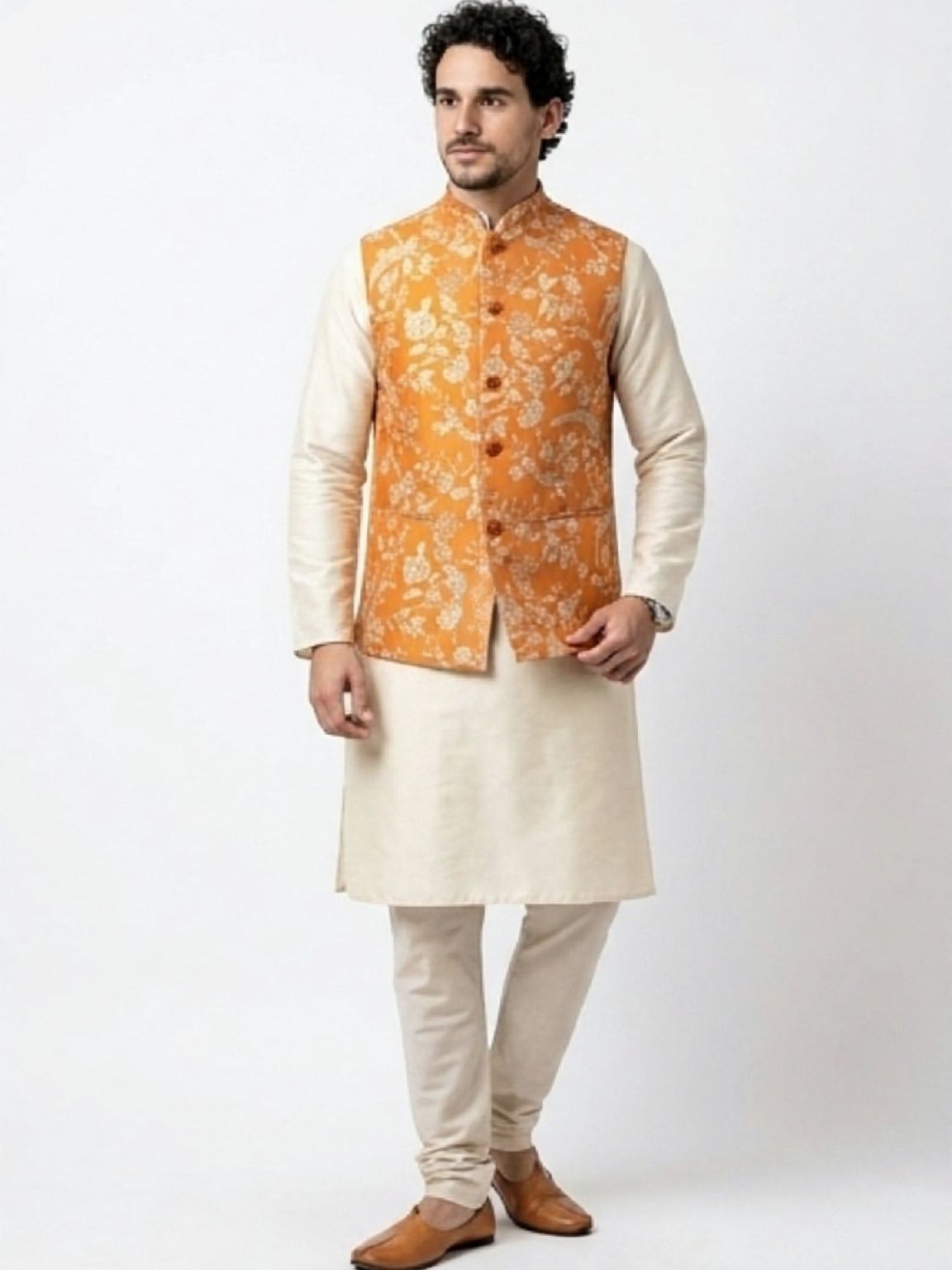Men's Cotton Koti Jacket - Orange Floral