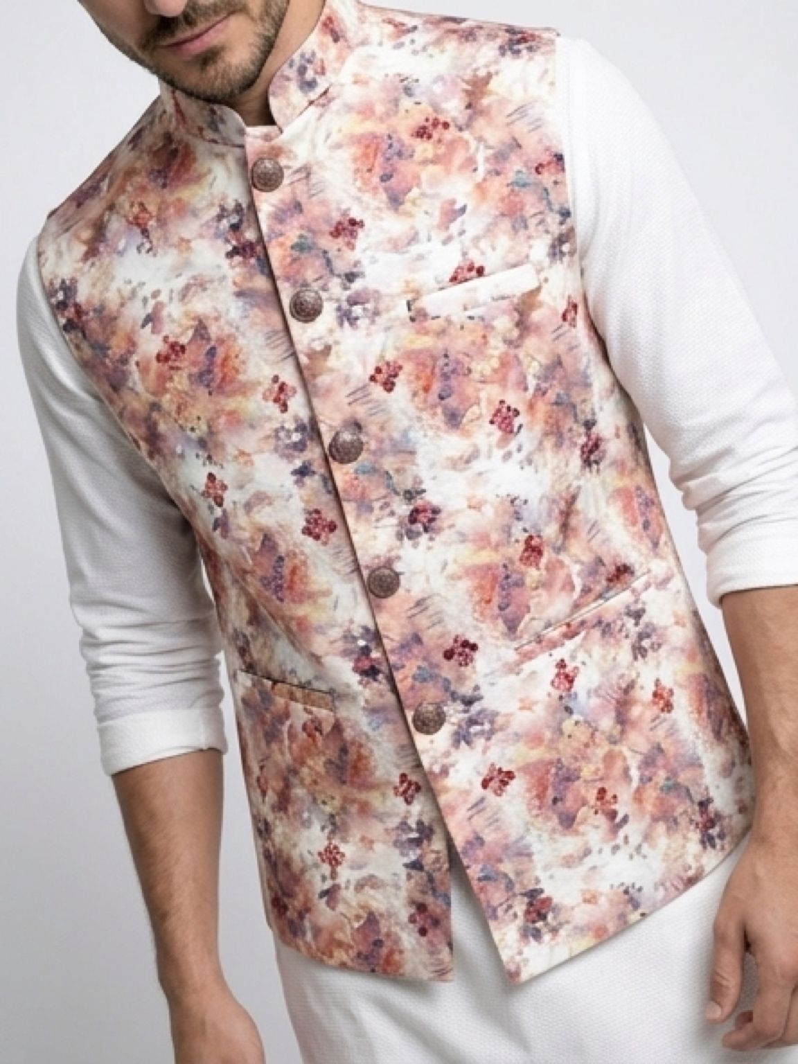 Men's Cotton Koti Jacket - Peach Floral