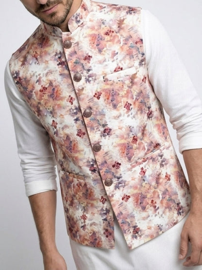 Men's Cotton Koti Jacket - Peach Floral
