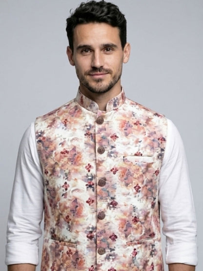 Men's Cotton Koti Jacket - Peach Floral
