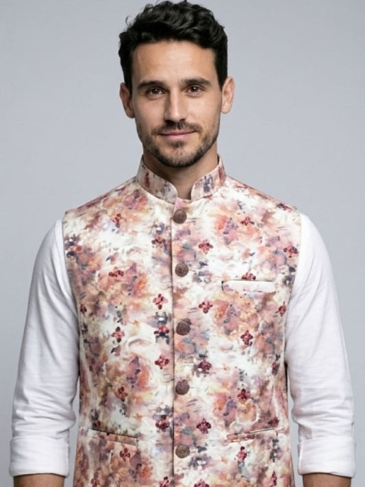 Men's Cotton Koti Jacket - Peach Floral