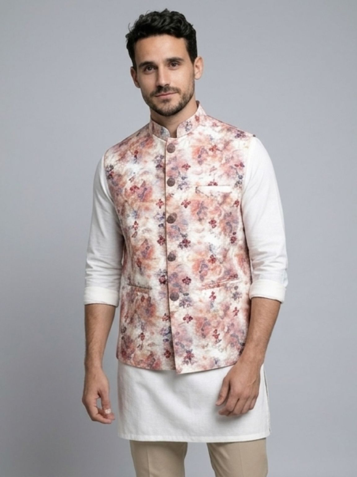 Men's Cotton Koti Jacket - Peach Floral