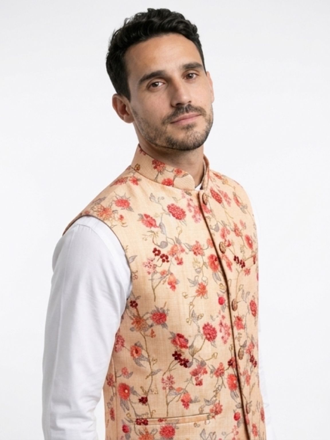 Men's Cotton Koti Jacket - Peach Vine Floral