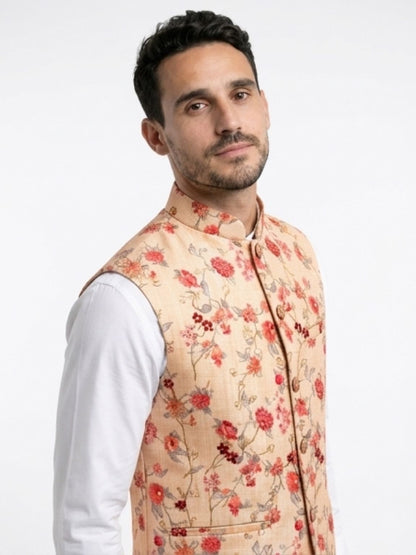 Men's Cotton Koti Jacket - Peach Vine Floral