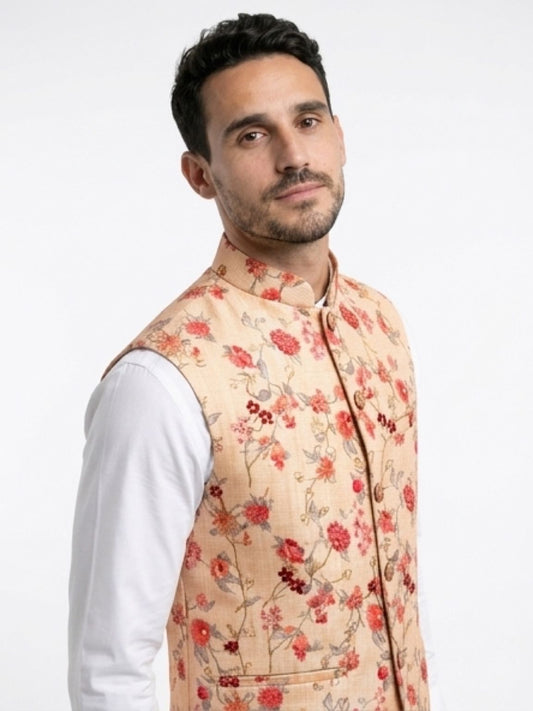 Men's Cotton Koti Jacket - Peach Vine Floral