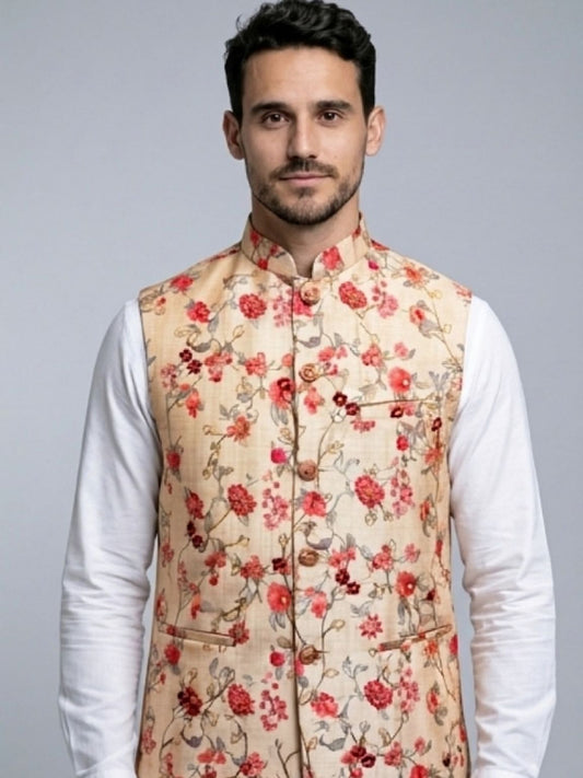 Men's Cotton Koti Jacket - Peach Vine Floral