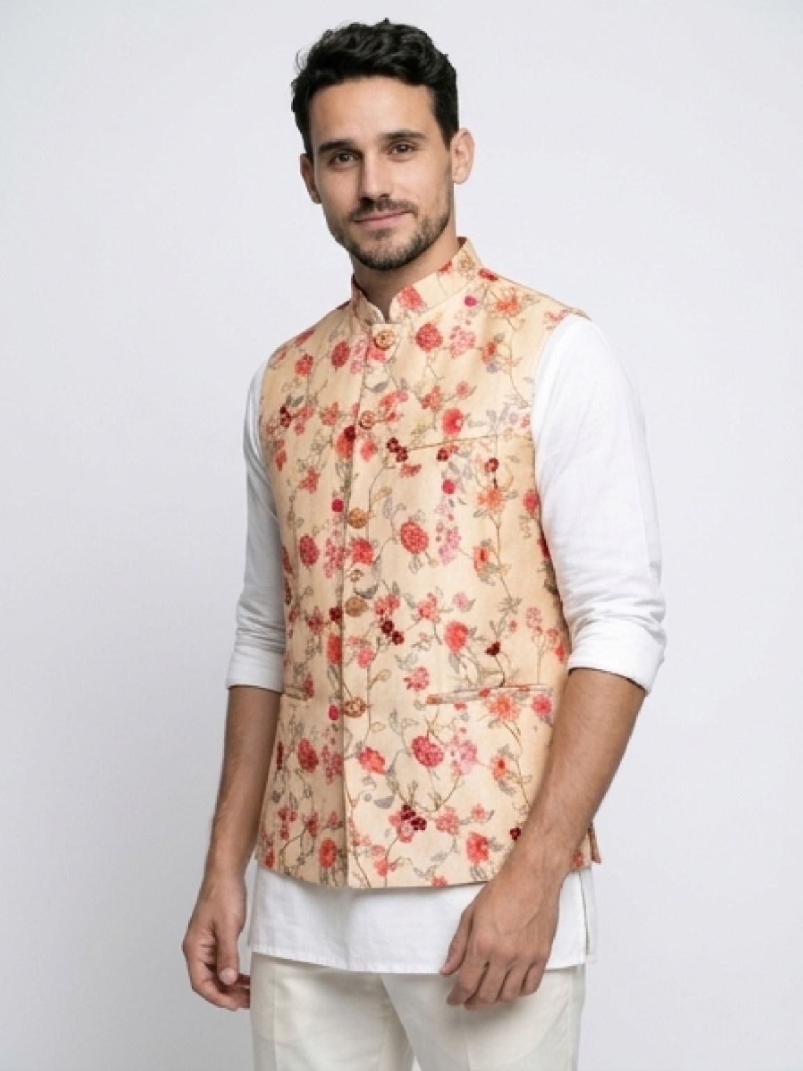 Men's Cotton Koti Jacket - Peach Vine Floral