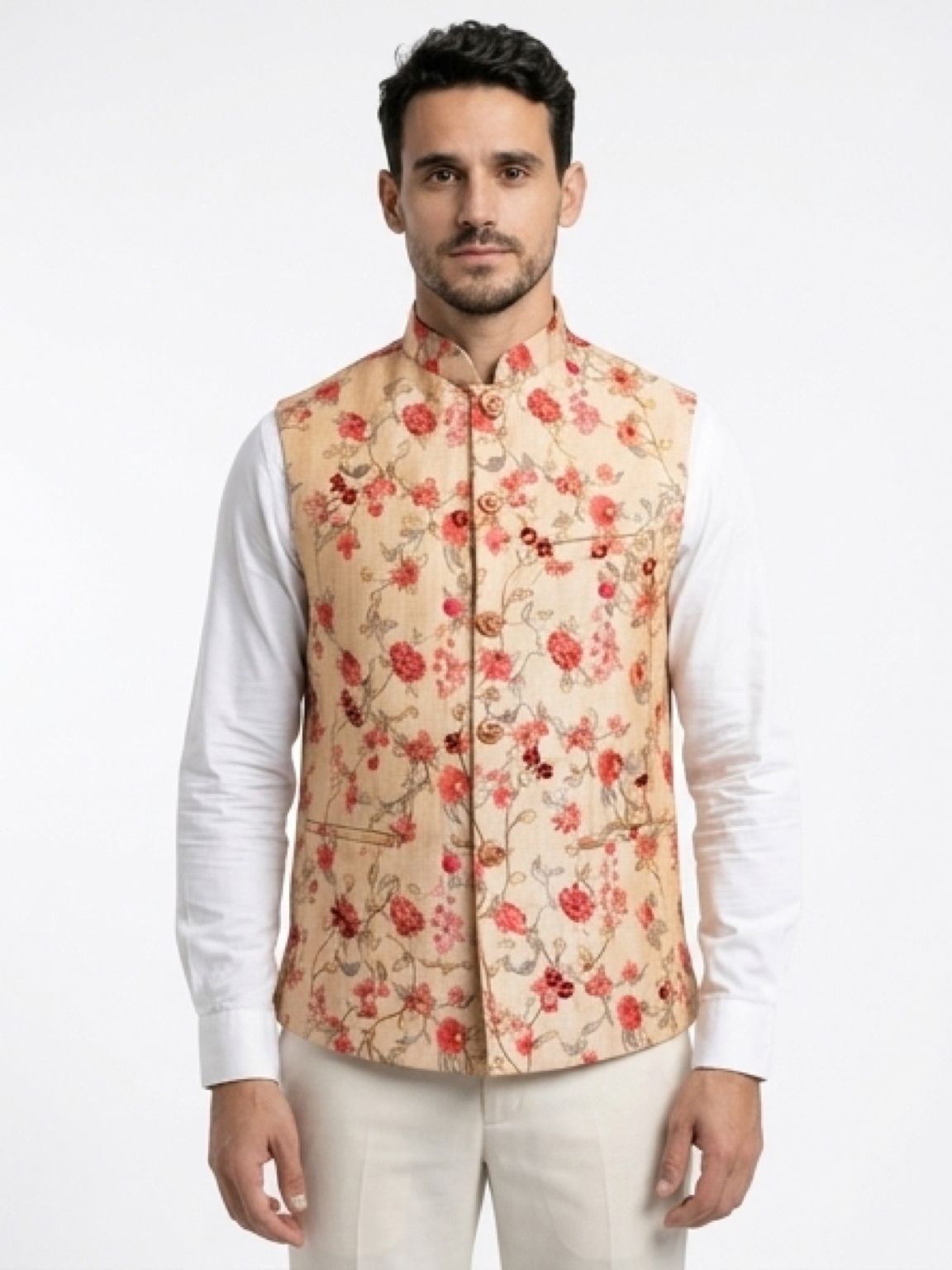 Men's Cotton Koti Jacket - Peach Vine Floral
