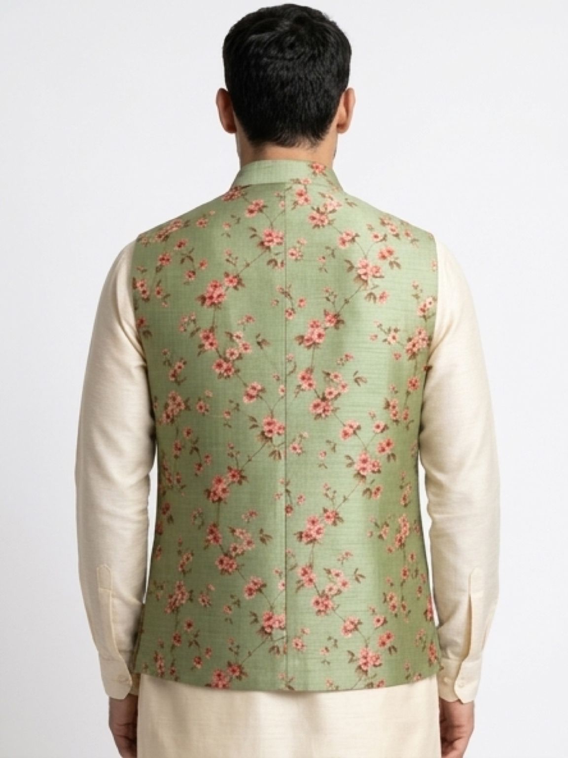 Men's Cotton Koti Jacket - Sage Green Floral