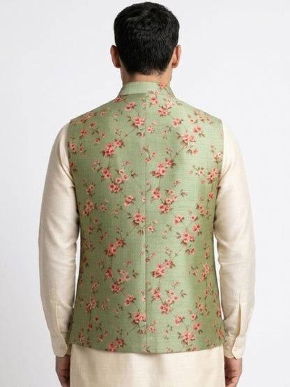 Men's Cotton Koti Jacket - Sage Green Floral