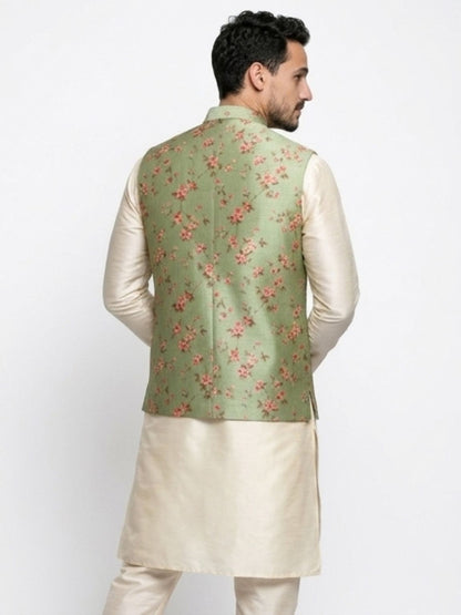 Men's Cotton Koti Jacket - Sage Green Floral