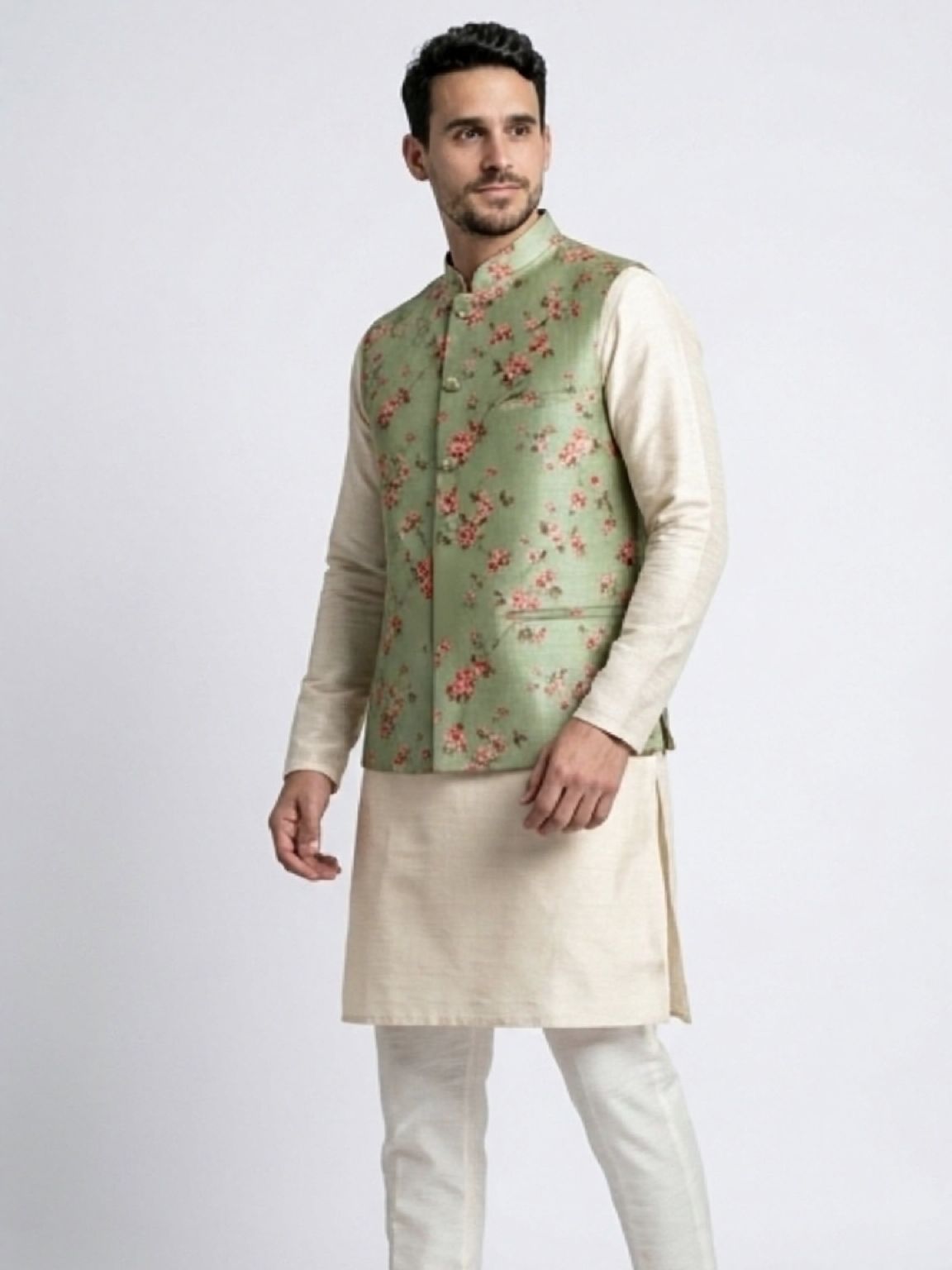 Men's Cotton Koti Jacket - Sage Green Floral
