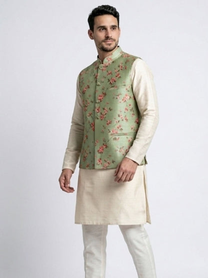 Men's Cotton Koti Jacket - Sage Green Floral