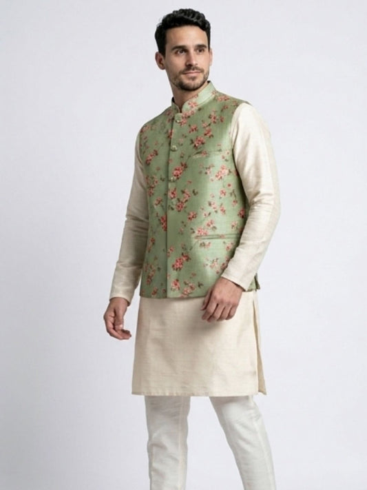 Men's Cotton Koti Jacket - Sage Green Floral