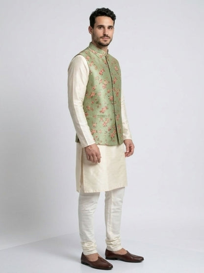Men's Cotton Koti Jacket - Sage Green Floral