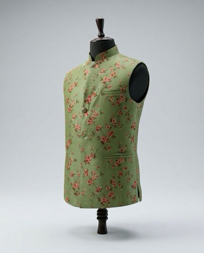 Men's Cotton Koti Jacket - Sage Green Floral