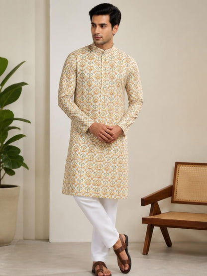 Men's Digital Print Cotton Kurta Set - Cream