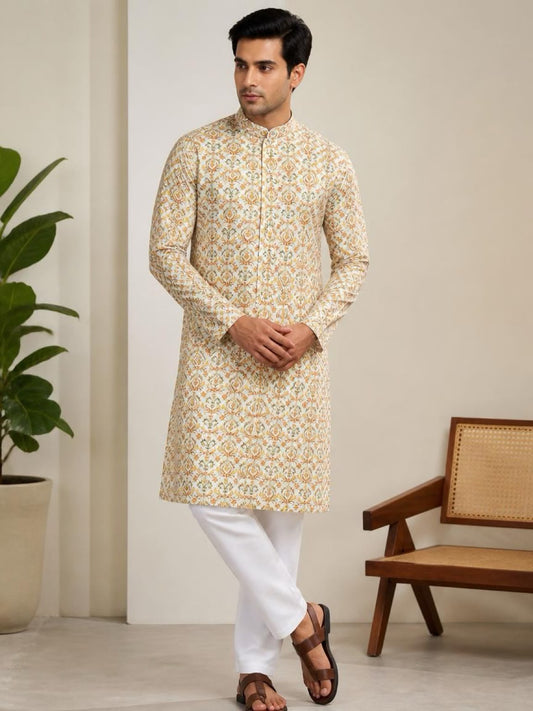 Men's Digital Print Cotton Kurta Set - Cream