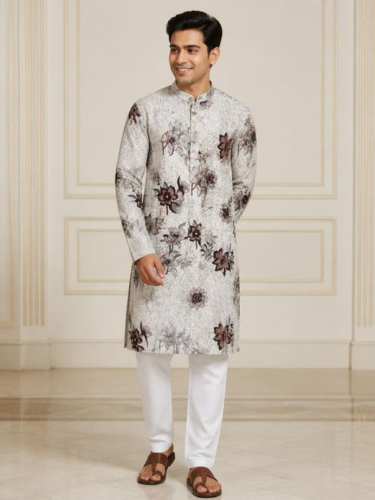 Men's Digital Print Cotton Kurta Set - Grey