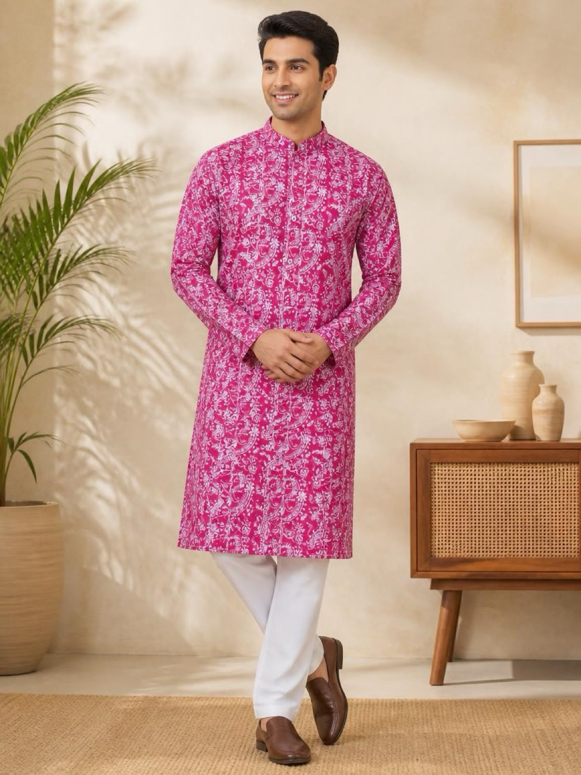 Men's Digital Print Cotton Kurta Set - Pink