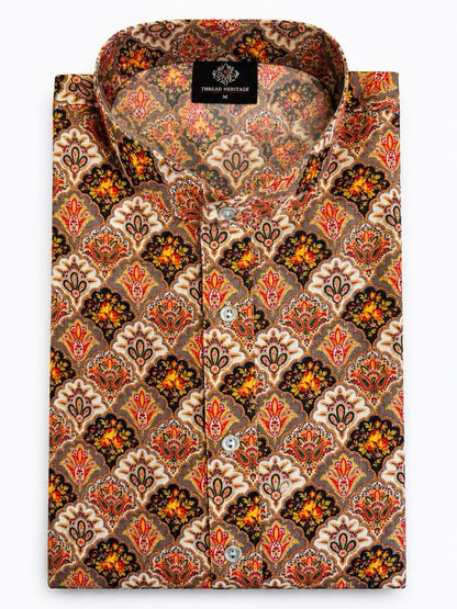Men's Digital Print Cotton Kurta Set - Rust