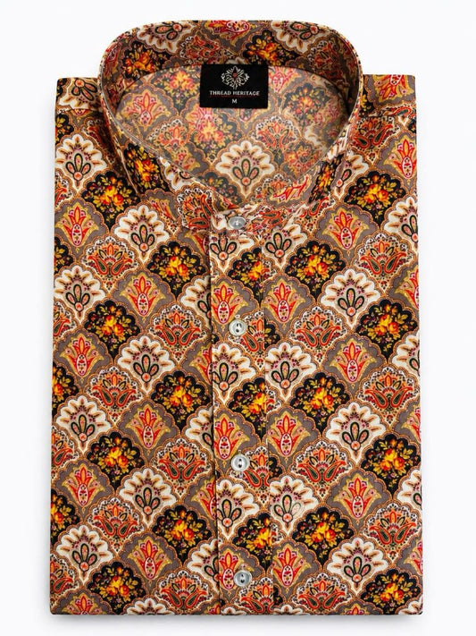 Men's Digital Print Cotton Kurta Set - Rust