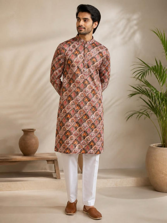 Men's Digital Print Cotton Kurta Set - Rust