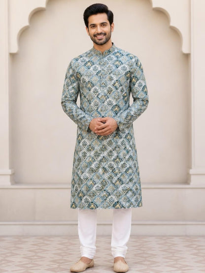 Men's Digital Print Cotton Kurta Set - Teal