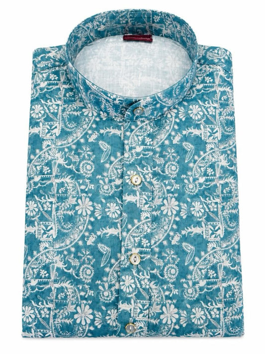 Men's Digital Print Cotton Kurta Set - Turquoise