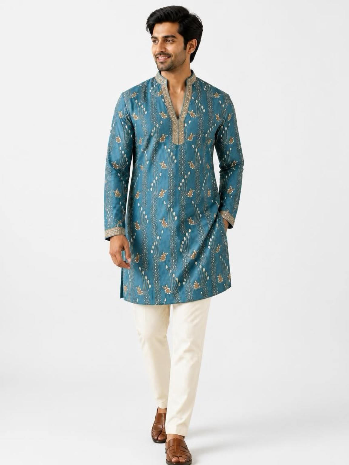 Men's Embroidered Indo-Western Kurta Set - Blue