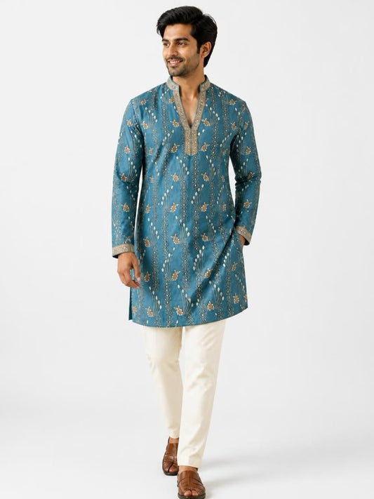Men's Embroidered Indo-Western Kurta Set - Blue