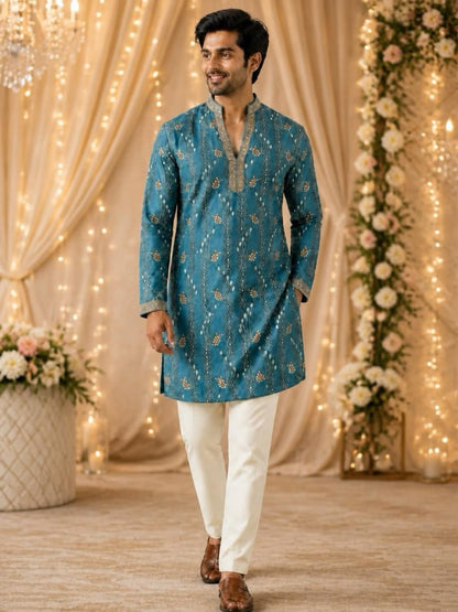 Men's Embroidered Indo-Western Kurta Set - Blue