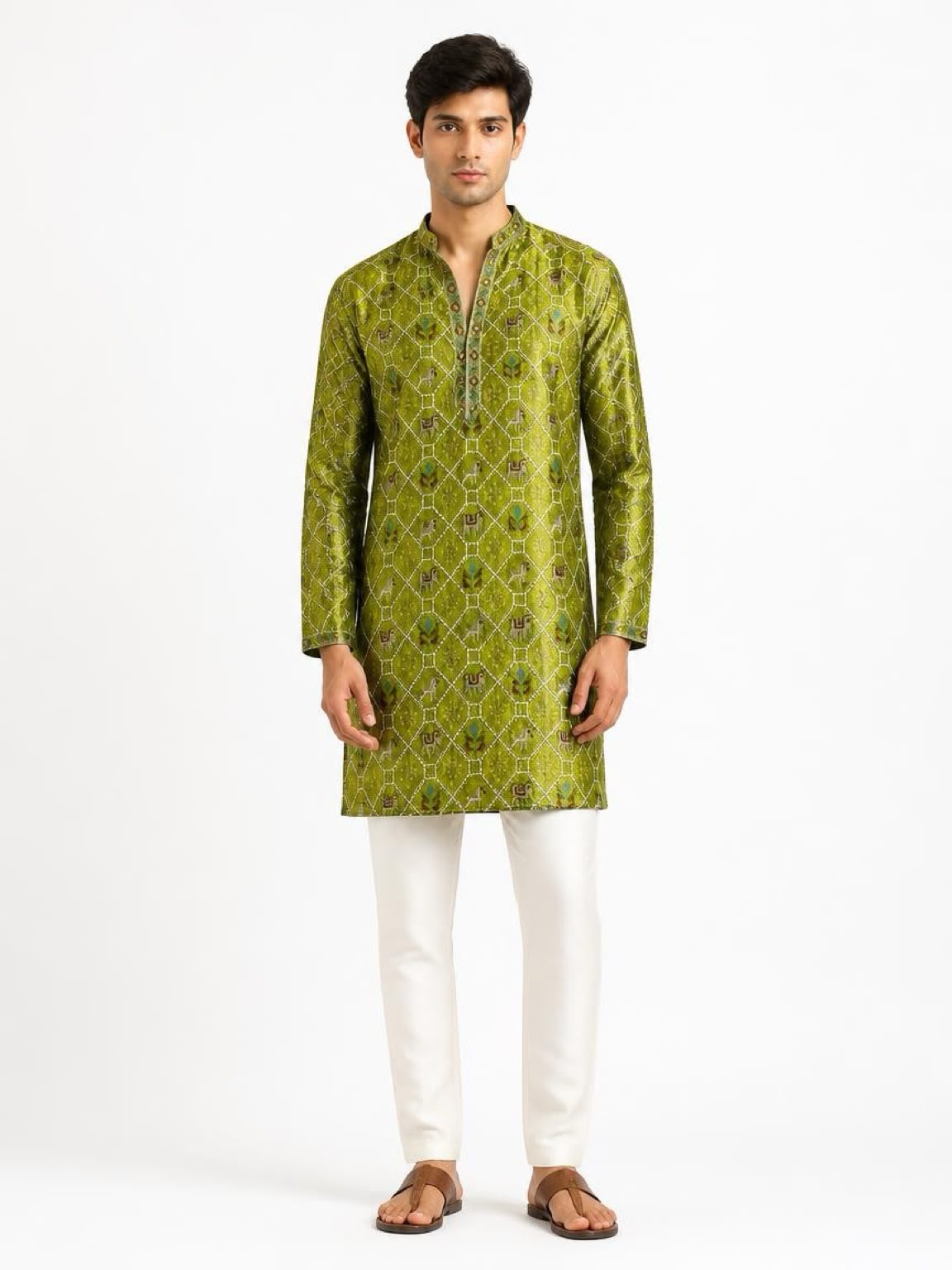 Men's Embroidered Indo-Western Kurta Set - Green
