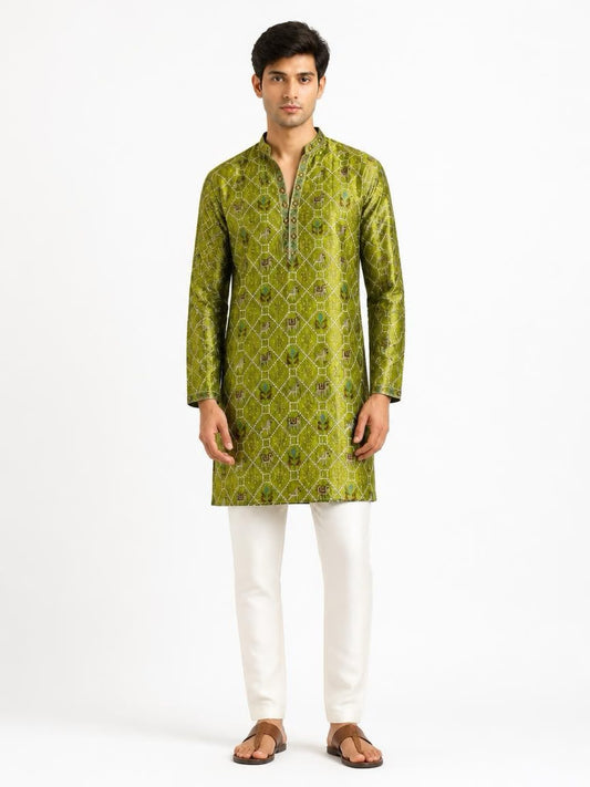 Men's Embroidered Indo-Western Kurta Set - Green