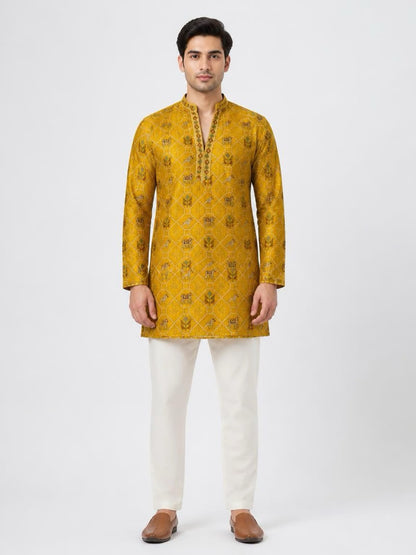Men's Embroidered Indo-Western Kurta Set - Mustard