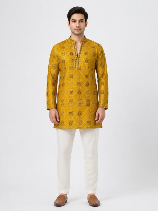 Men's Embroidered Indo-Western Kurta Set - Mustard