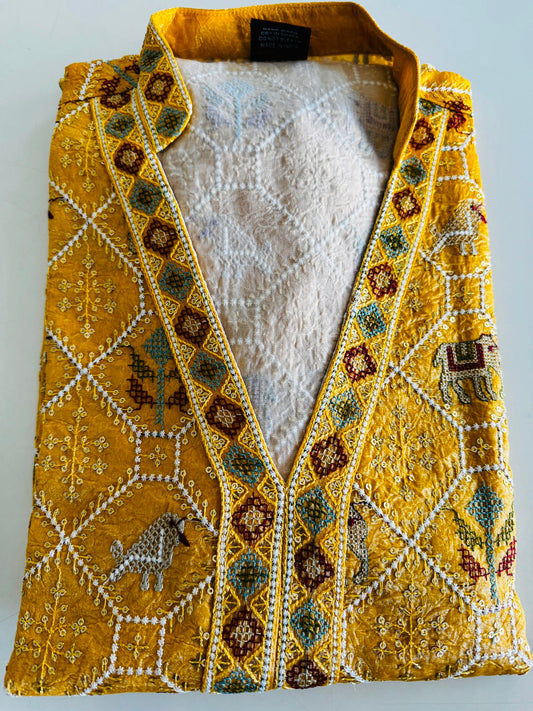 Men's Embroidered Indo-Western Kurta Set - Mustard