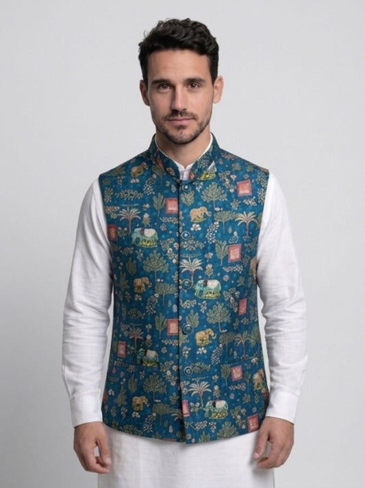 Men's Jodhpuri Koti Jacket - Teal