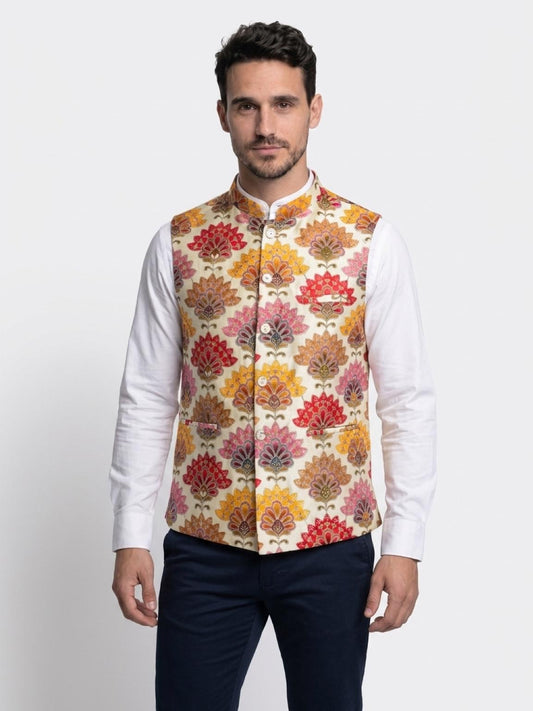 Men's Sequins Koti Jacket - Cream
