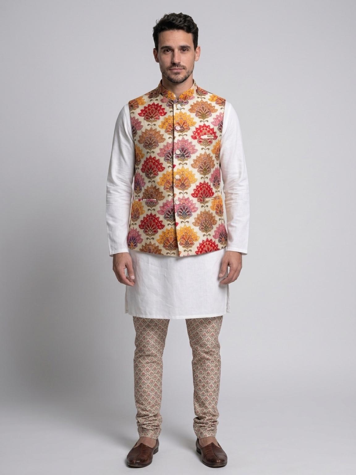 Men's Sequins Koti Jacket - Cream