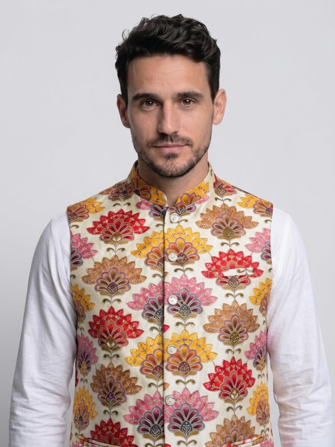 Men's Sequins Koti Jacket - Cream