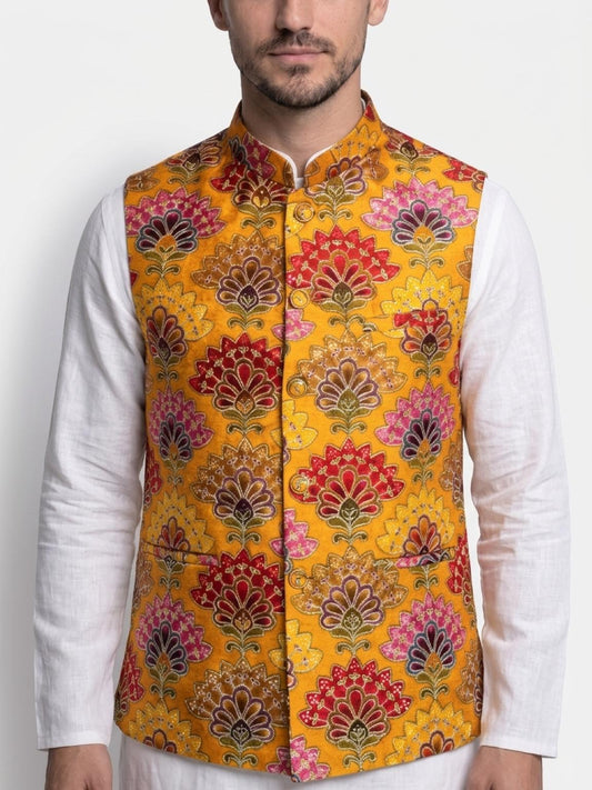 Men's Sequins Koti Jacket - Mustard