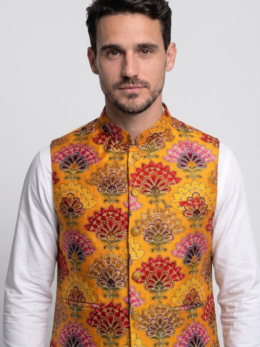 Men's Sequins Koti Jacket - Mustard