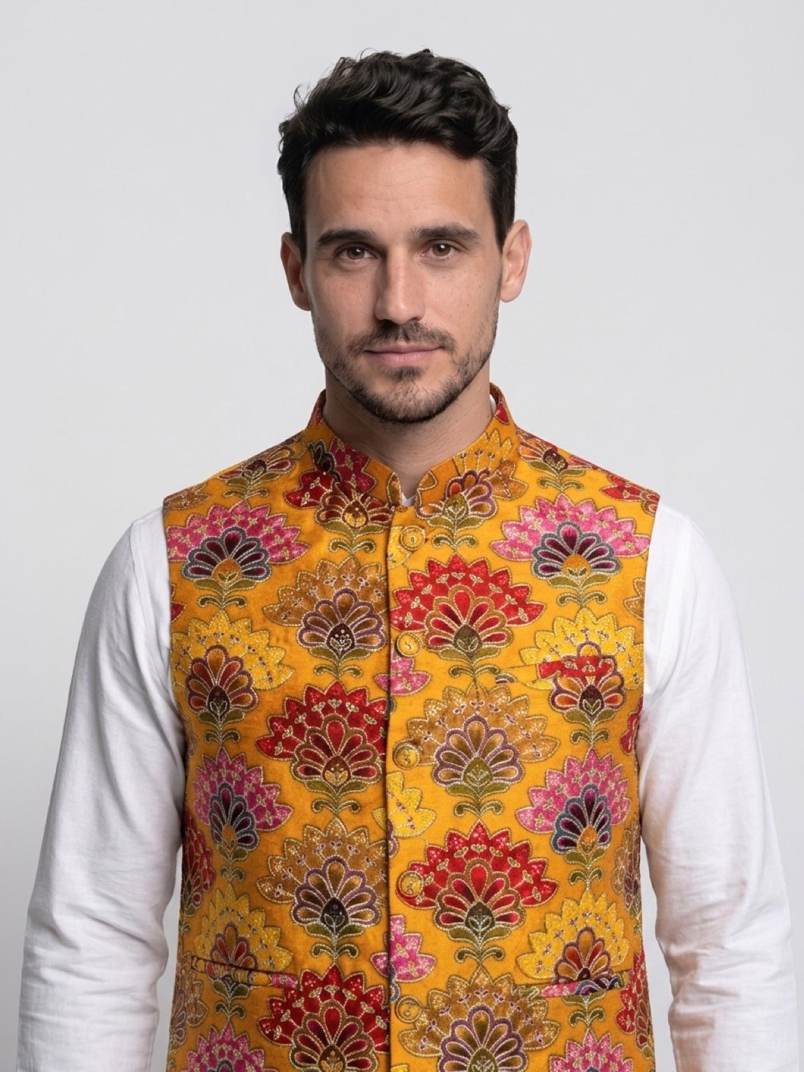 Men's Sequins Koti Jacket - Mustard