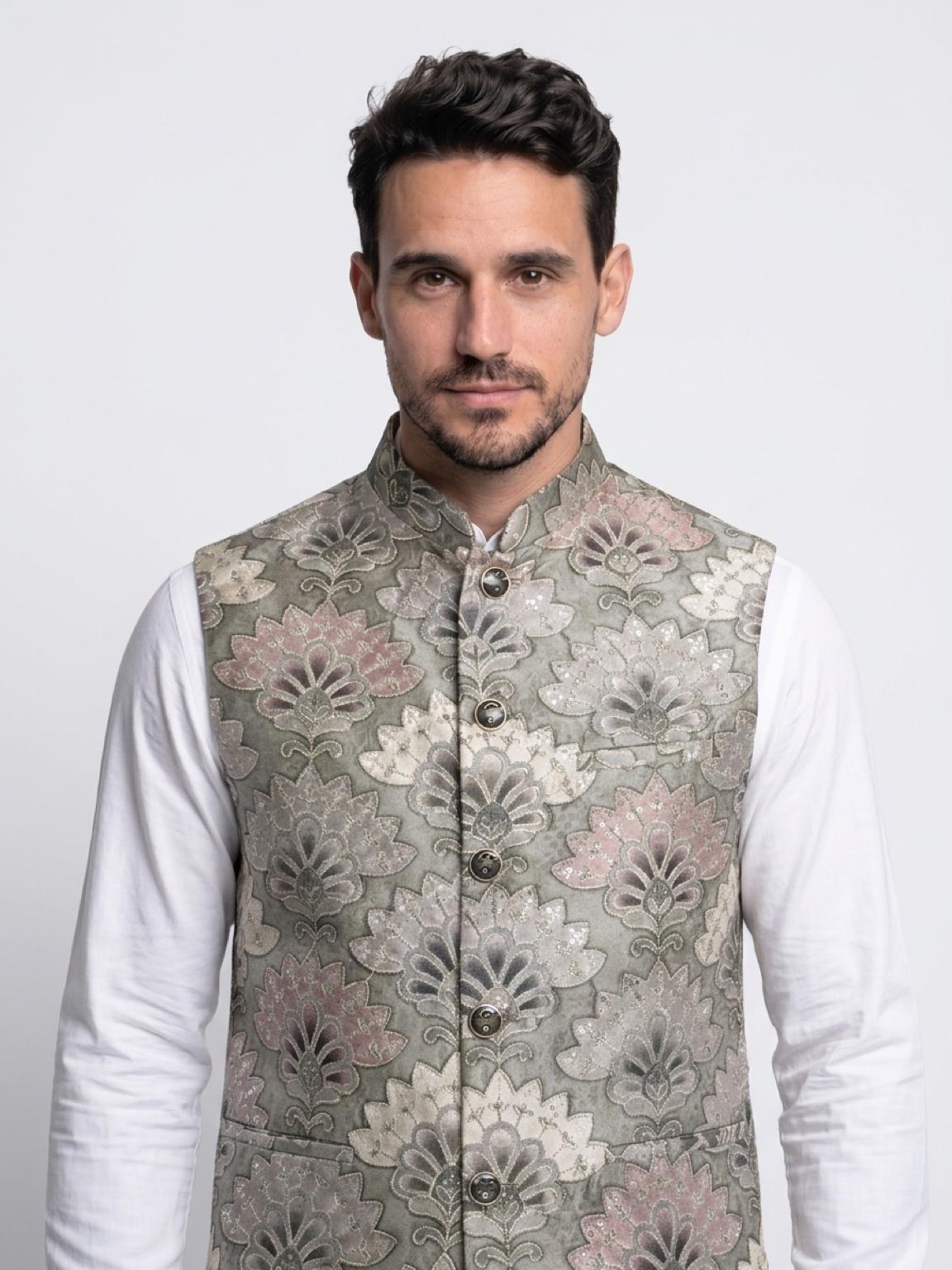 Men's Sequins Koti Jacket - Sage Green