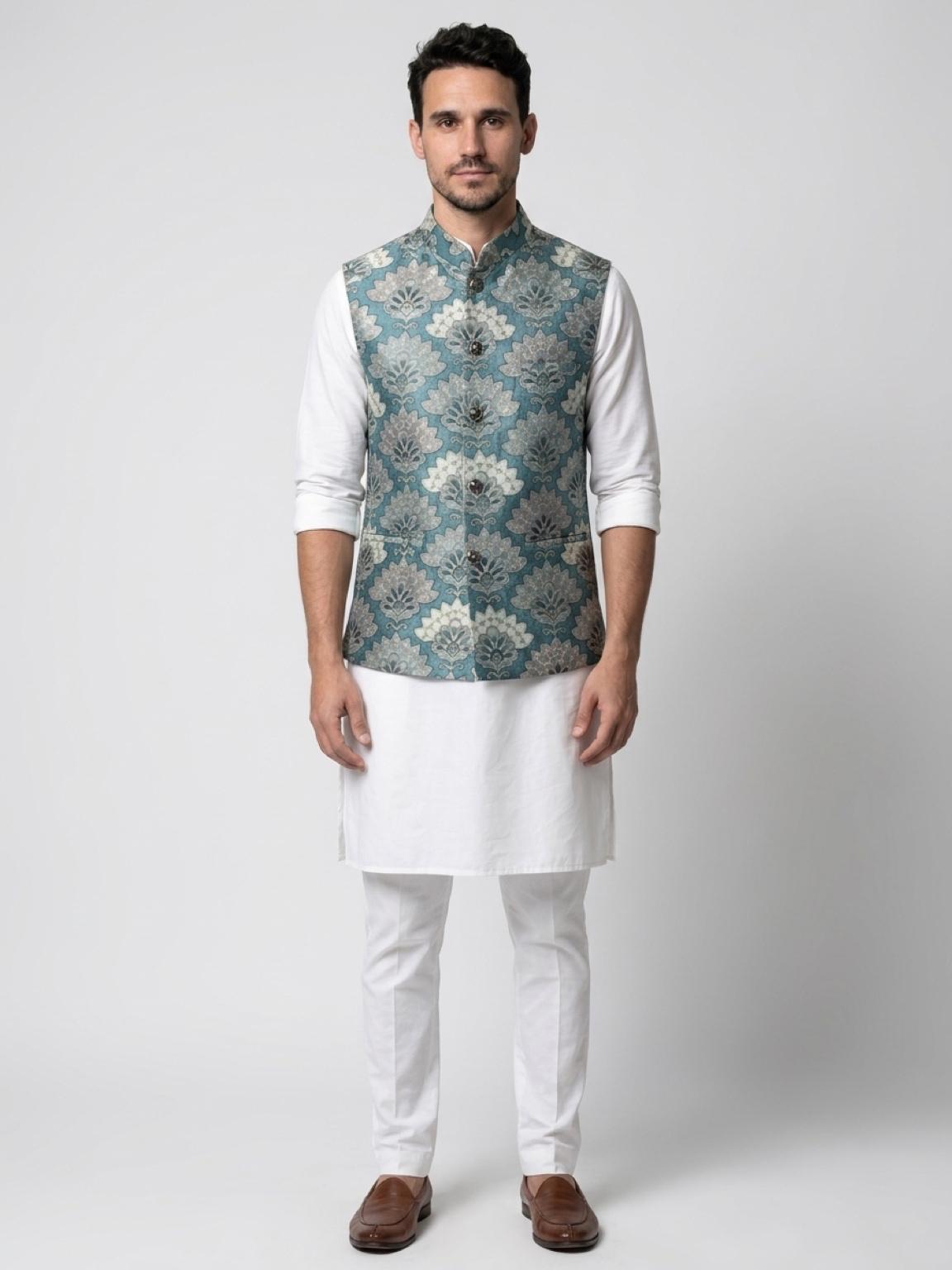 Men's Sequins Koti Jacket - Teal