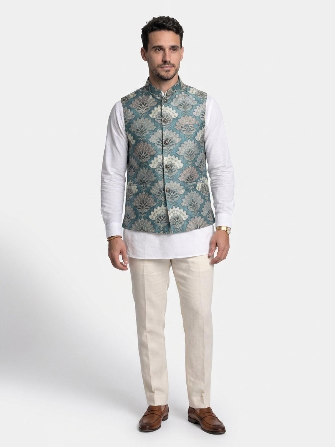 Men's Sequins Koti Jacket - Teal