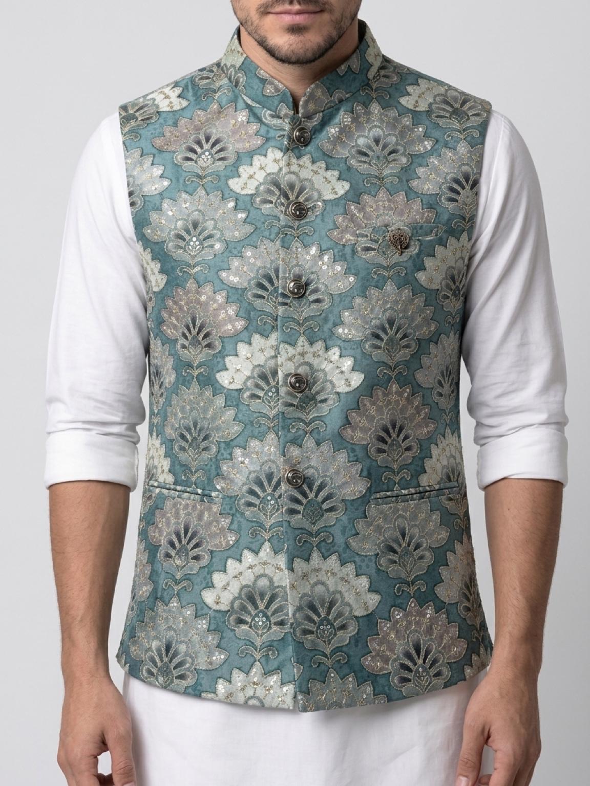 Men's Sequins Koti Jacket - Teal