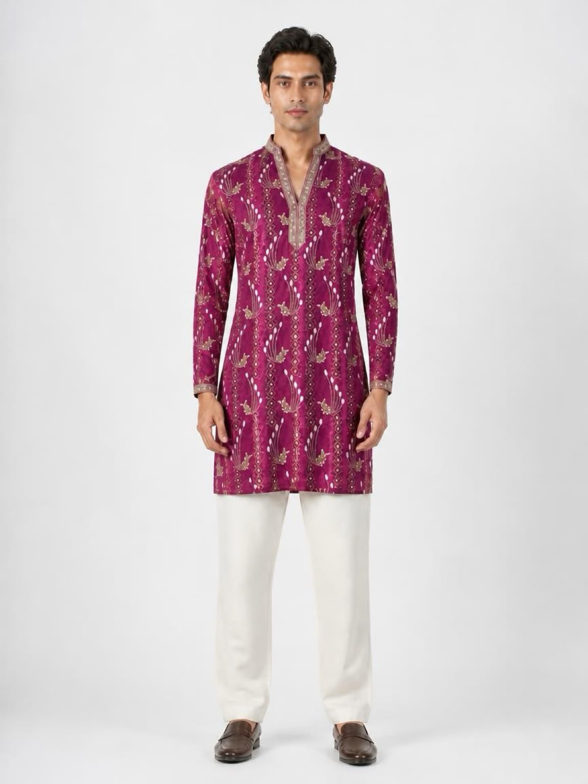 Men's Embroidered Indo-Western Kurta Set - Magenta